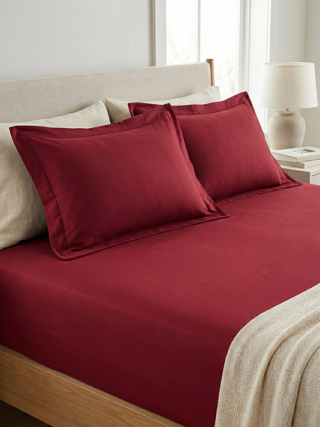 Deep Red Bedsheet with 2 pillow covers:300 TC cotton