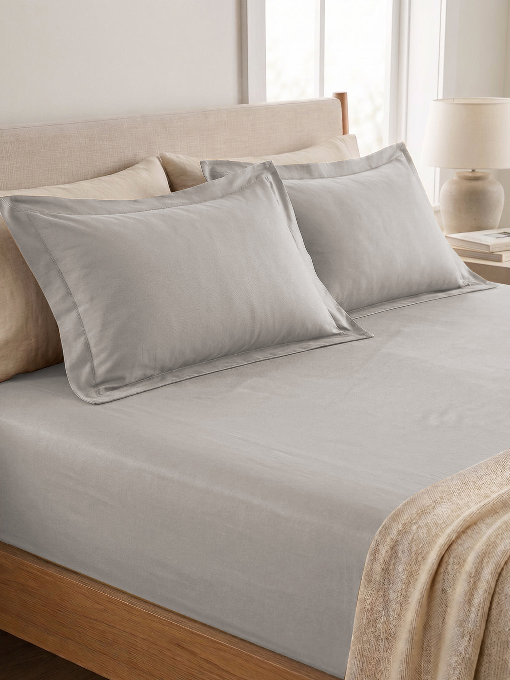 Light Grey Bedsheet with 2 pillow covers: 300 TC cotton