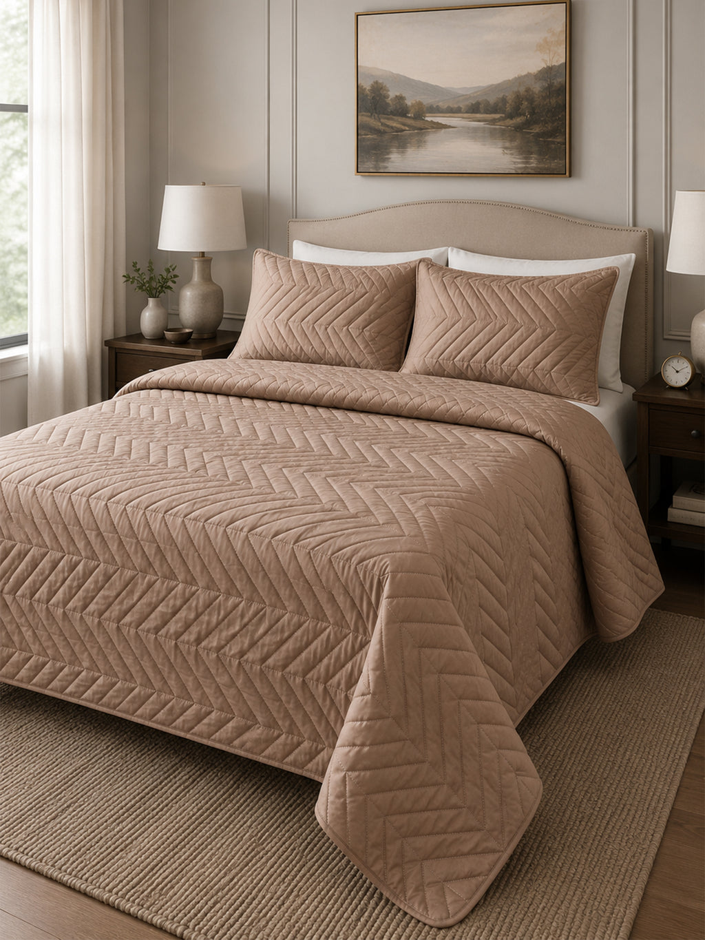 Serene Chevron AC Quilt Set- Beige