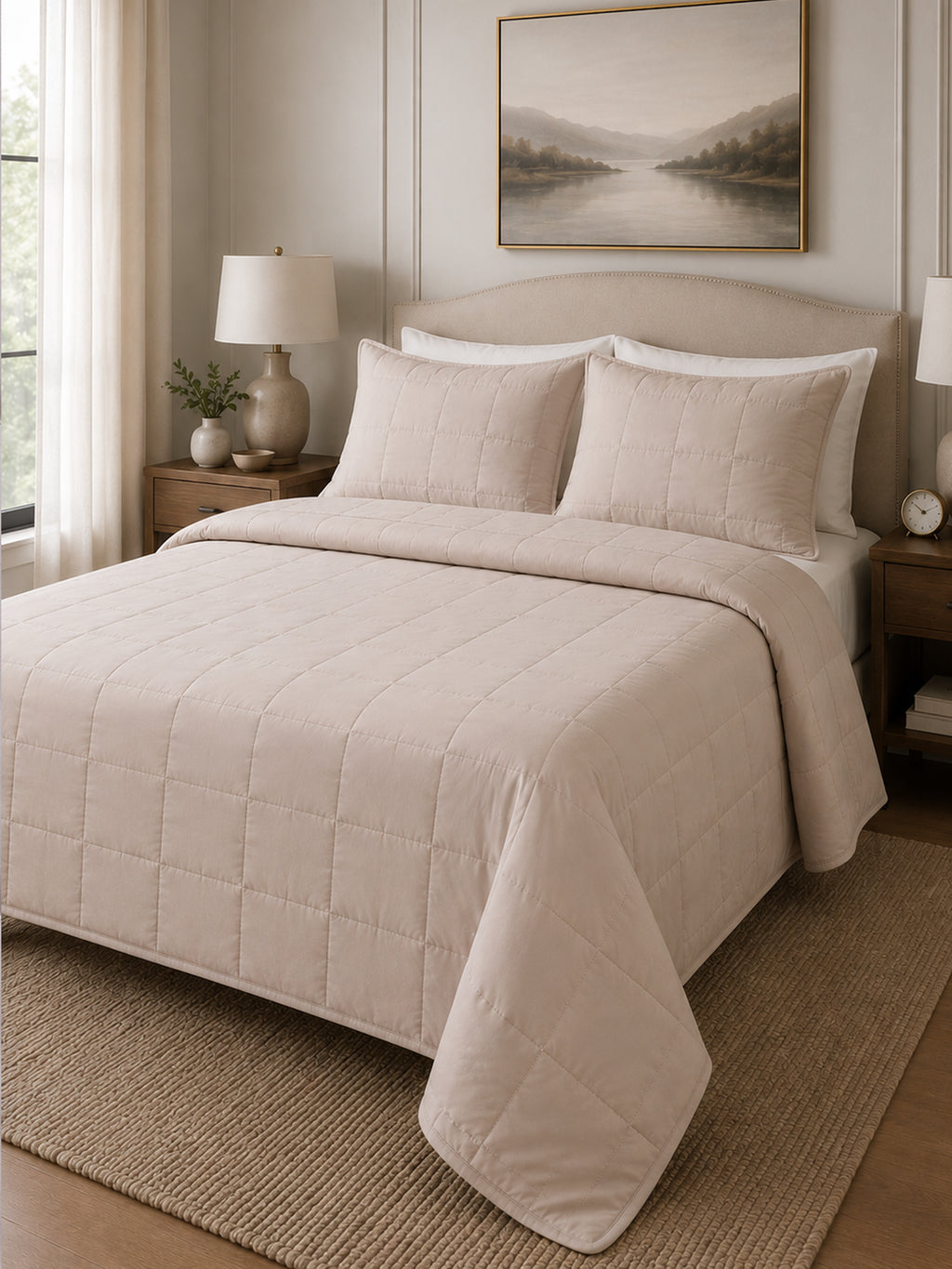 Classic Grid AC Quilt Set- Light Beige