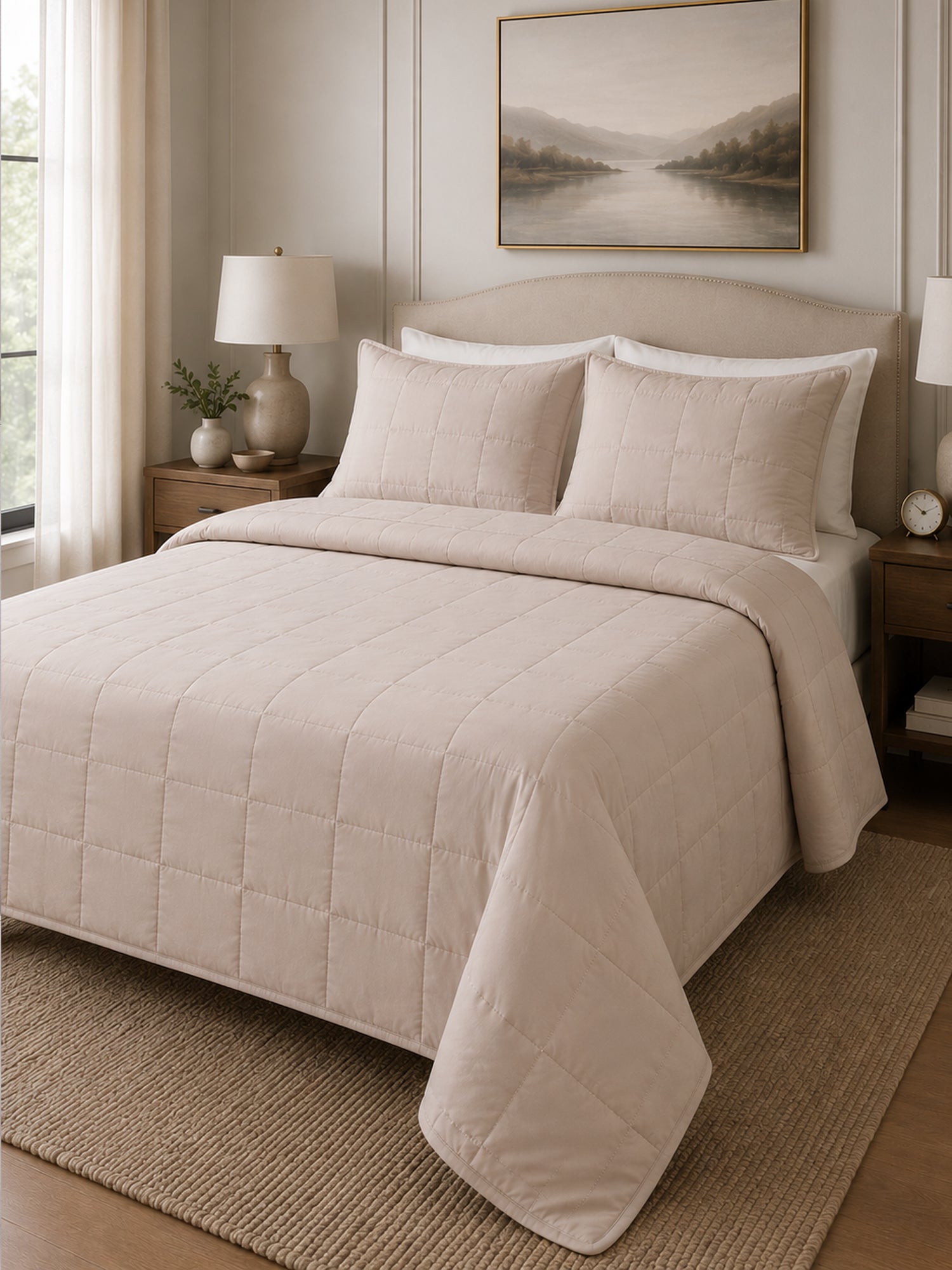 Classic Grid AC Quilt Set- Light Beige